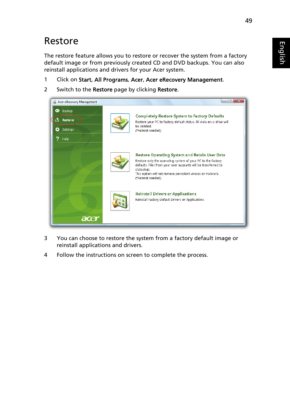Restore | Acer Aspire 5737Z User Manual | Page 69 / 82