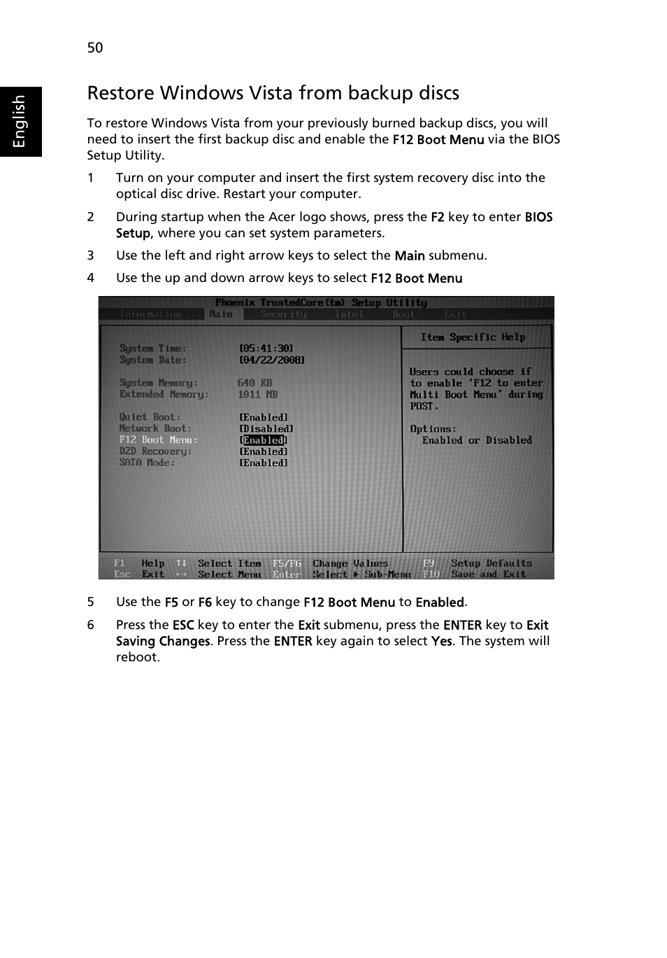 Restore windows vista from backup discs | Acer Aspire 5737Z User Manual | Page 70 / 82