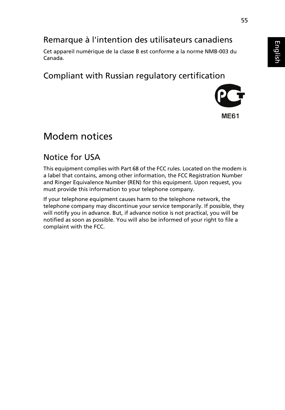 Modem notices, Remarque à l'intention des utilisateurs canadiens, Compliant with russian regulatory certification | Notice for usa | Acer Aspire 5737Z User Manual | Page 75 / 82