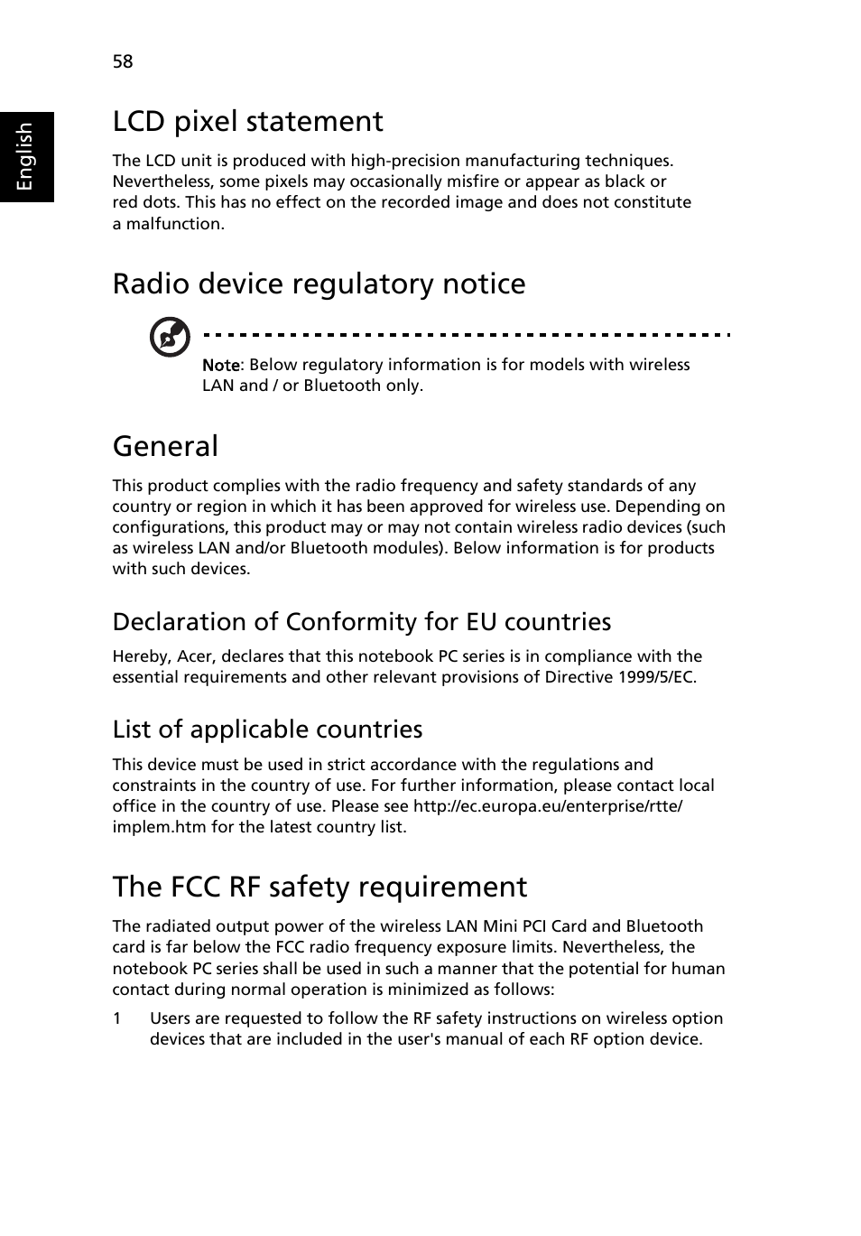 Lcd pixel statement, Radio device regulatory notice, General | The fcc rf safety requirement, Declaration of conformity for eu countries, List of applicable countries | Acer Aspire 5737Z User Manual | Page 78 / 82