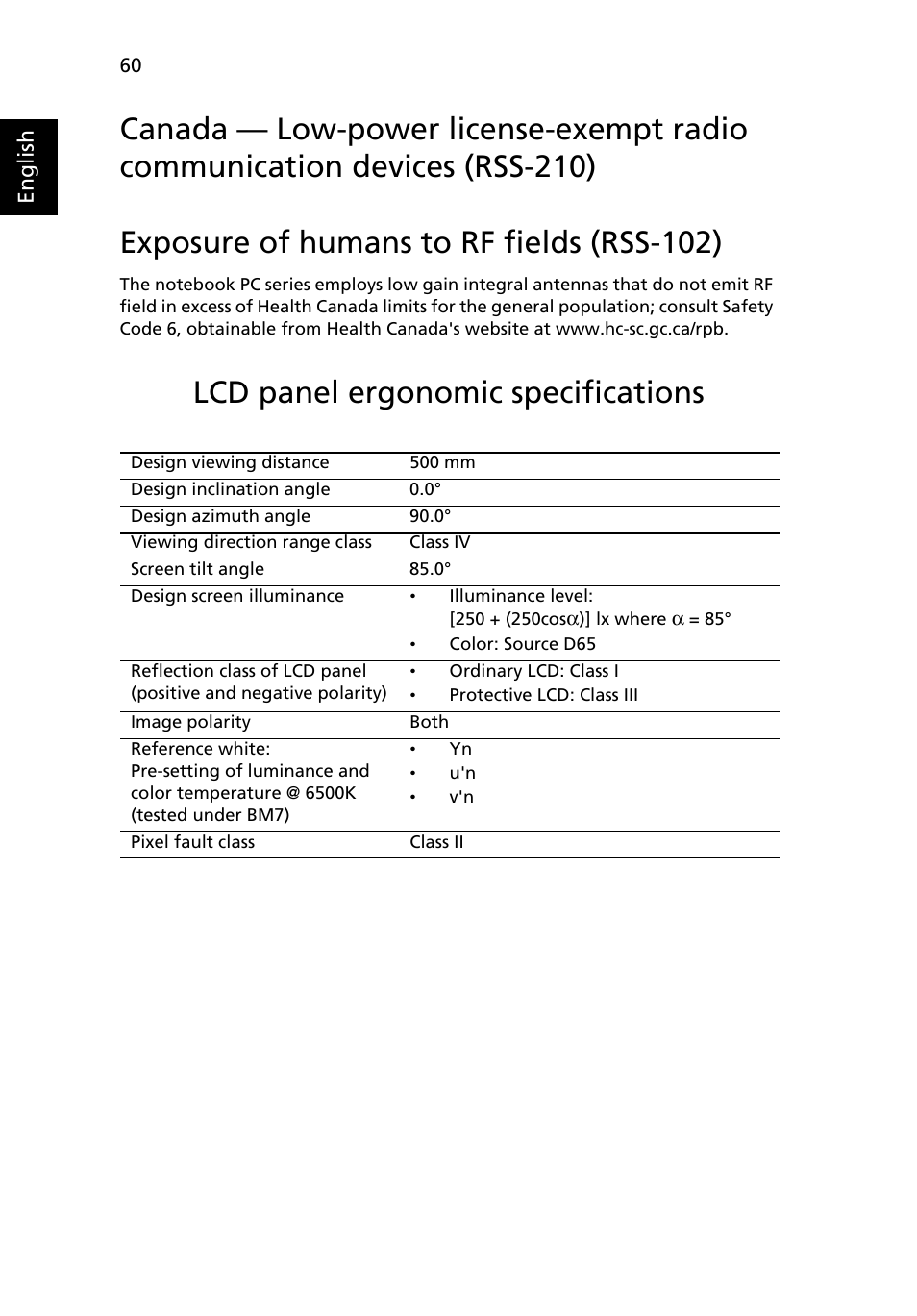 Exposure of humans to rf fields (rss-102), Lcd panel ergonomic specifications | Acer Aspire 5737Z User Manual | Page 80 / 82