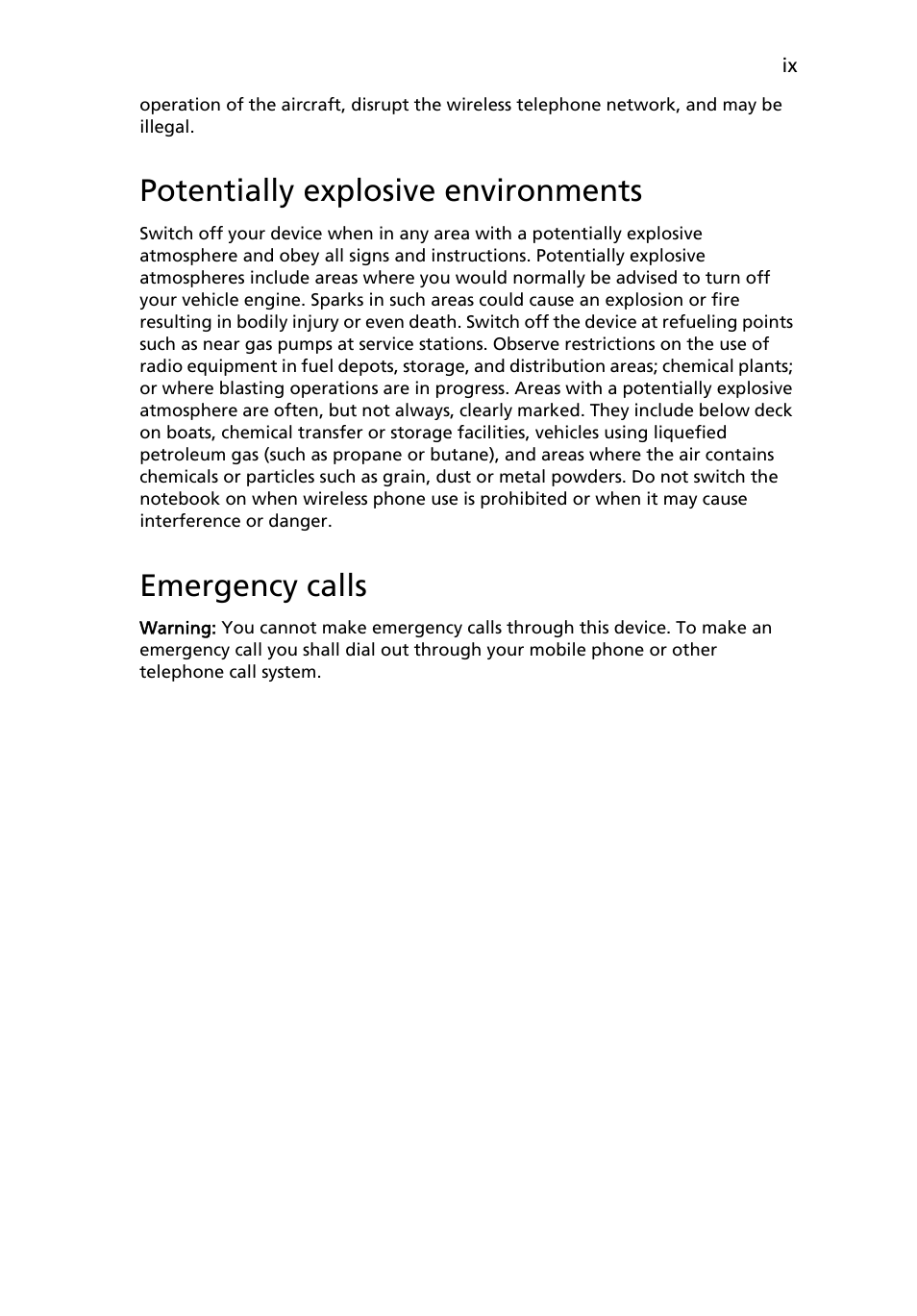 Potentially explosive environments, Emergency calls | Acer Aspire 5737Z User Manual | Page 9 / 82