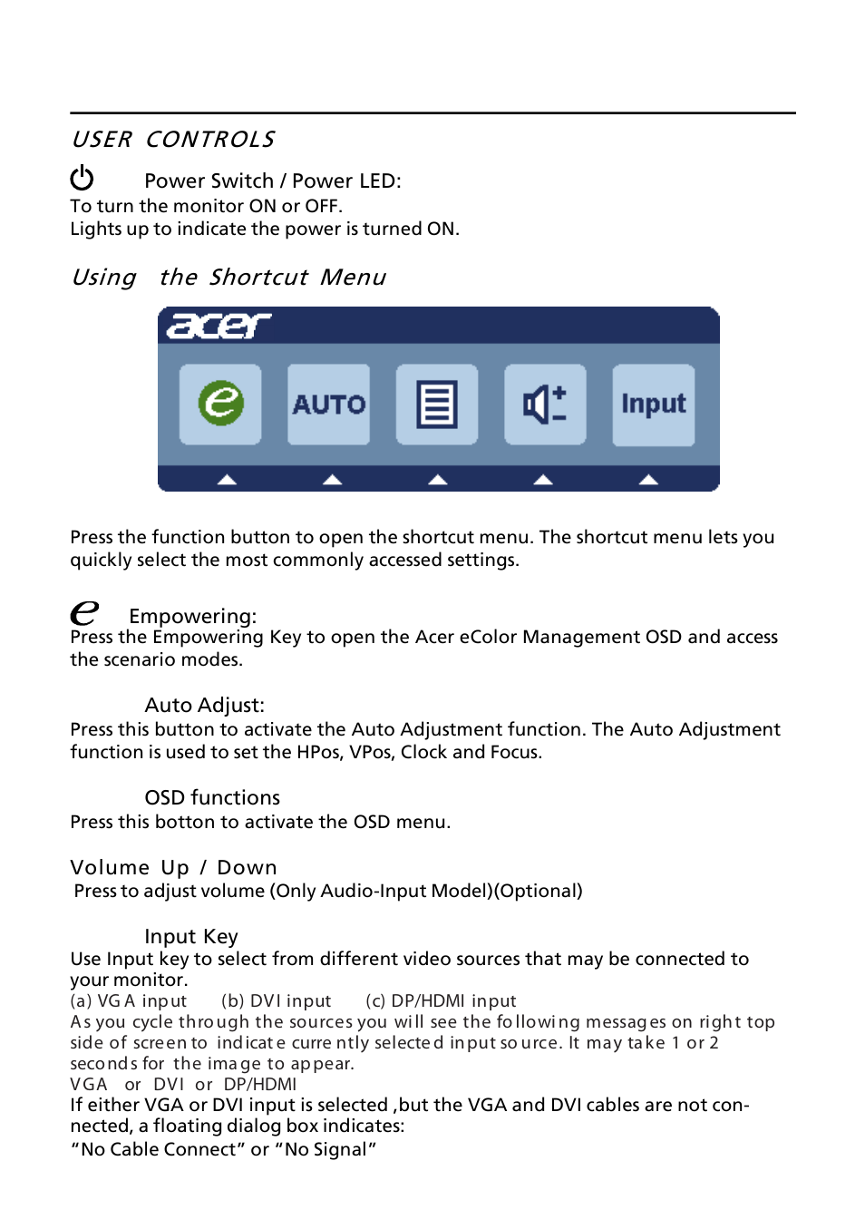 User controls, Using the shortcut menu | Acer P216HL User Manual | Page 14 / 23