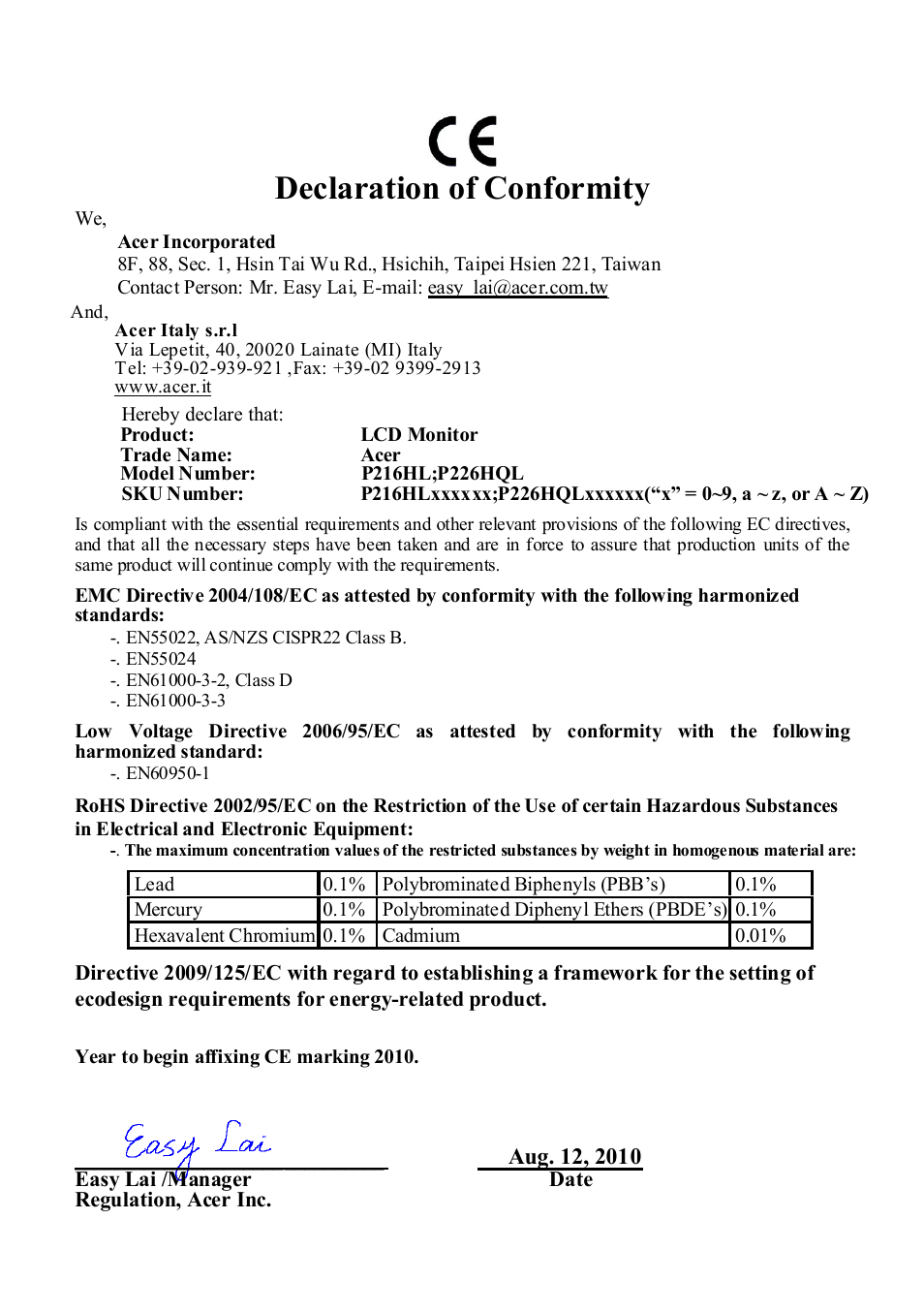 Declaration of conformity | Acer P216HL User Manual | Page 22 / 23