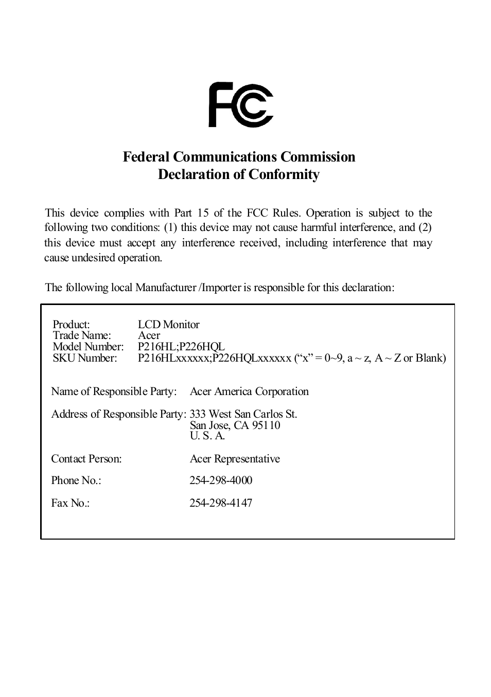 Acer P216HL User Manual | Page 23 / 23