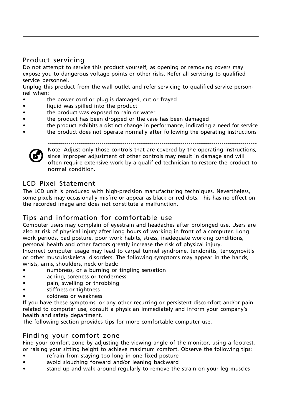 En-3 product servicing, Lcd pixel statement, Tips and information for comfortable use | Finding your comfort zone | Acer P216HL User Manual | Page 4 / 23