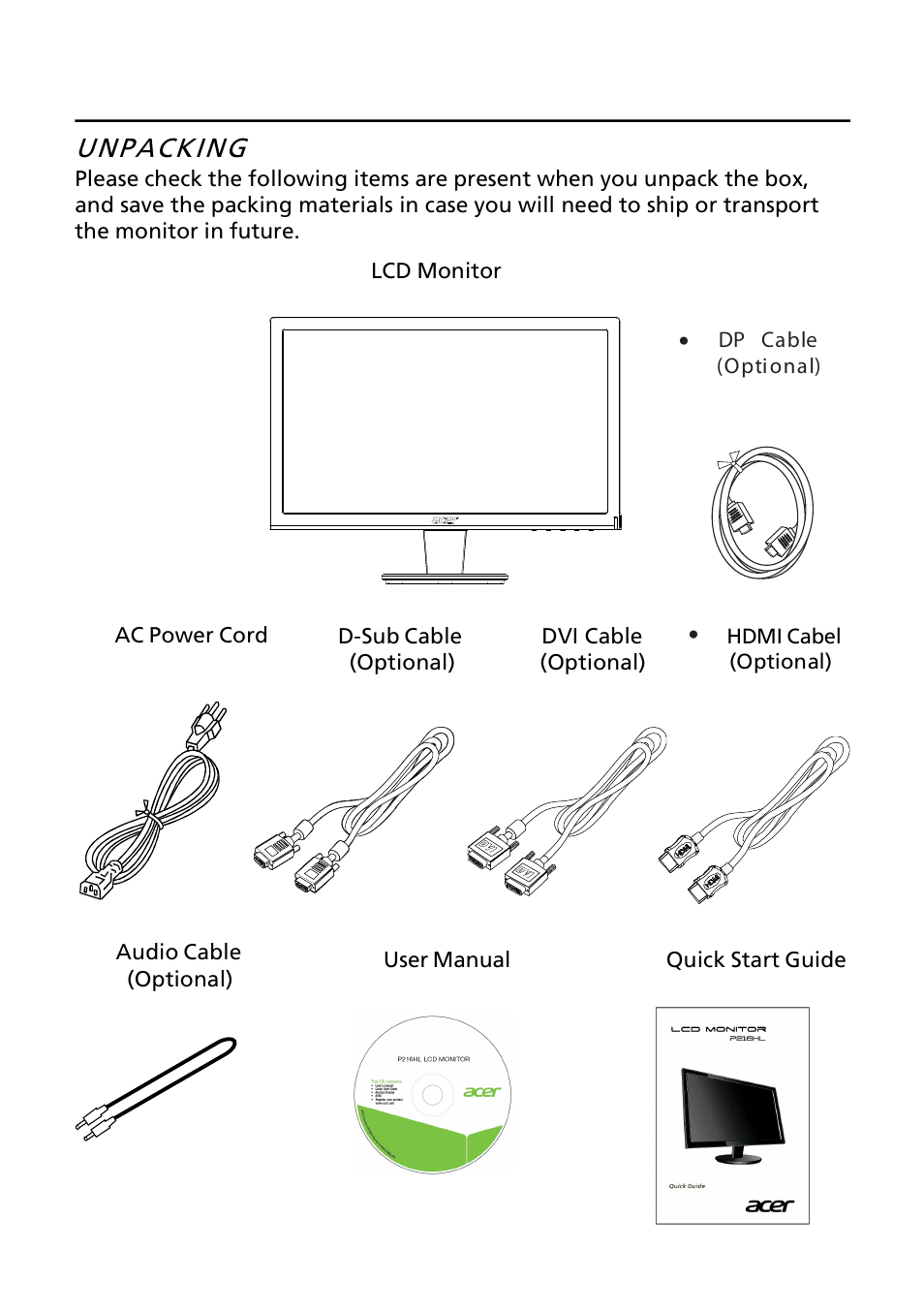 Unpacking | Acer P216HL User Manual | Page 6 / 23