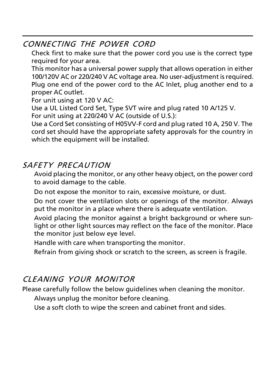 Connecting the power cord, Safety precaution, Cleaning your monitor | Acer P216HL User Manual | Page 8 / 23