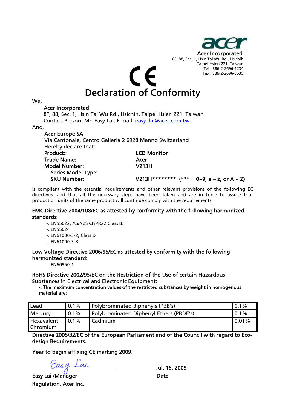 Declaration of conformity | Acer V213H User Manual | Page 11 / 29
