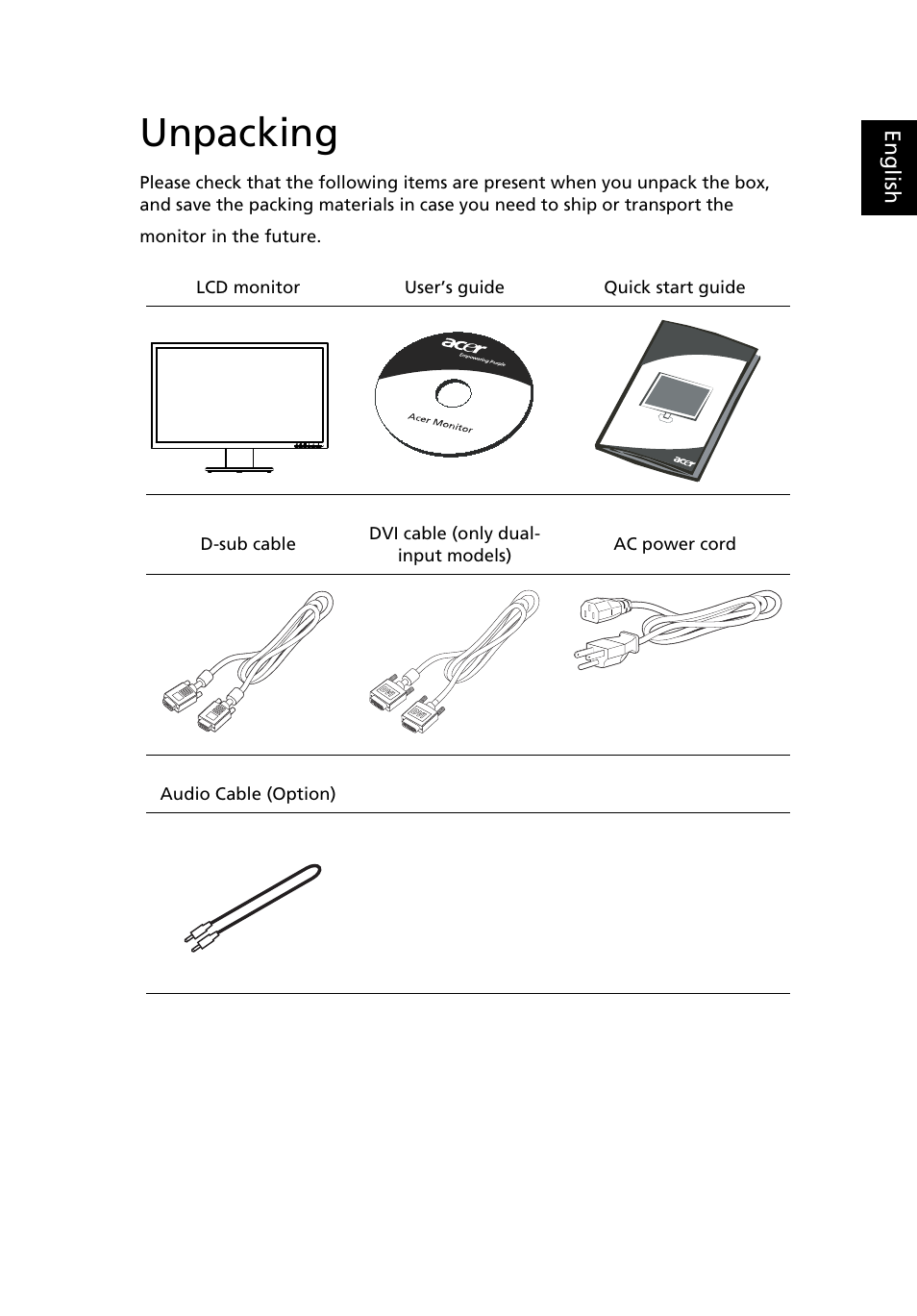 Unpacking | Acer V213H User Manual | Page 16 / 29