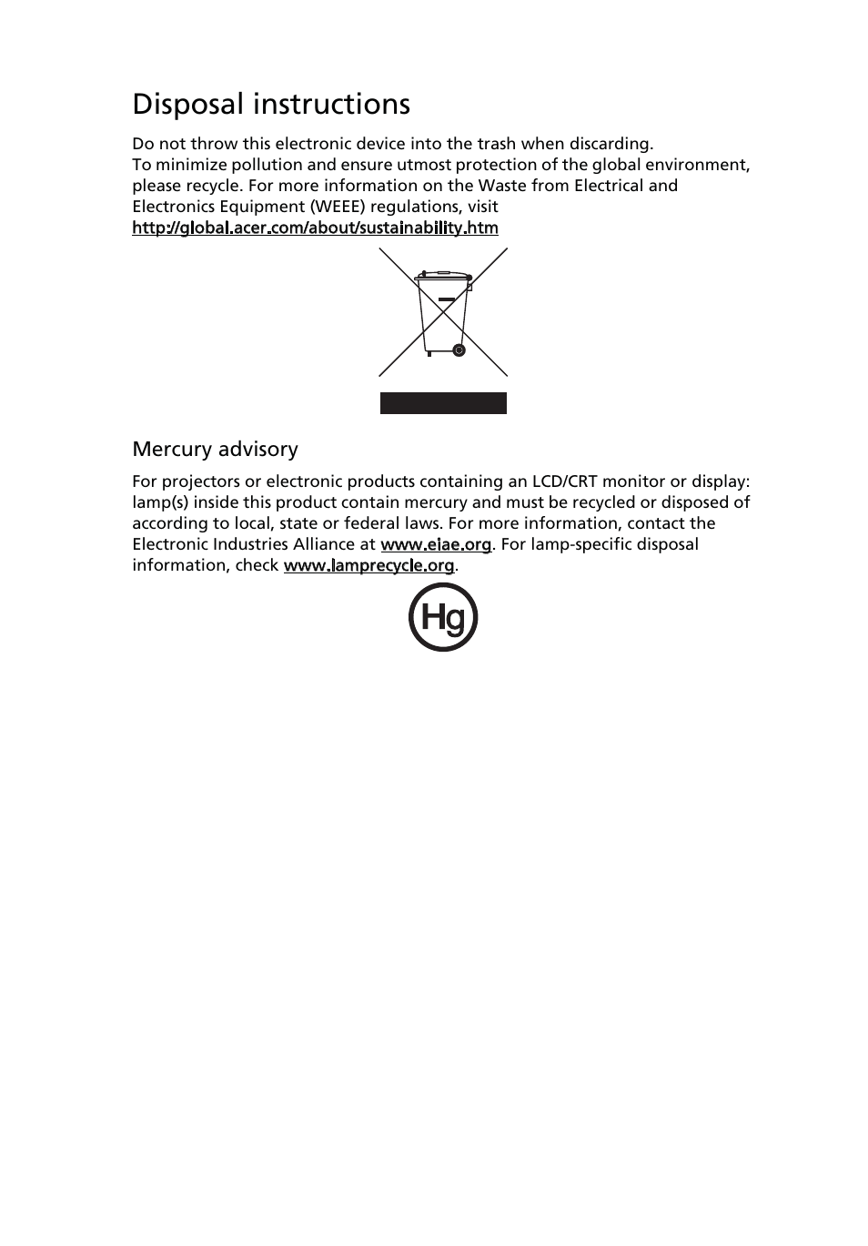 Disposal instructions | Acer V213H User Manual | Page 7 / 29