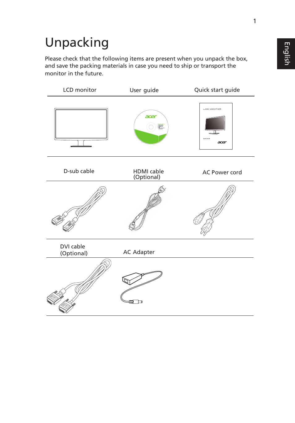 Unpacking | Acer V225HQL User Manual | Page 13 / 27