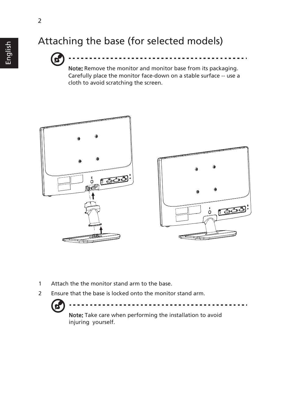 Attaching the base (for selected models) | Acer V225HQL User Manual | Page 14 / 27