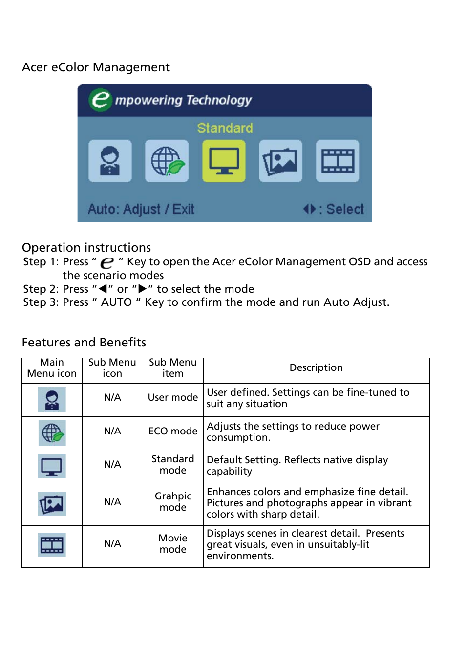 Users controls, Front panel controls, Acer ecolor management | Operation instructions, Acer ecolor management operation instructions, Features and benefits | Acer V225HQL User Manual | Page 21 / 27