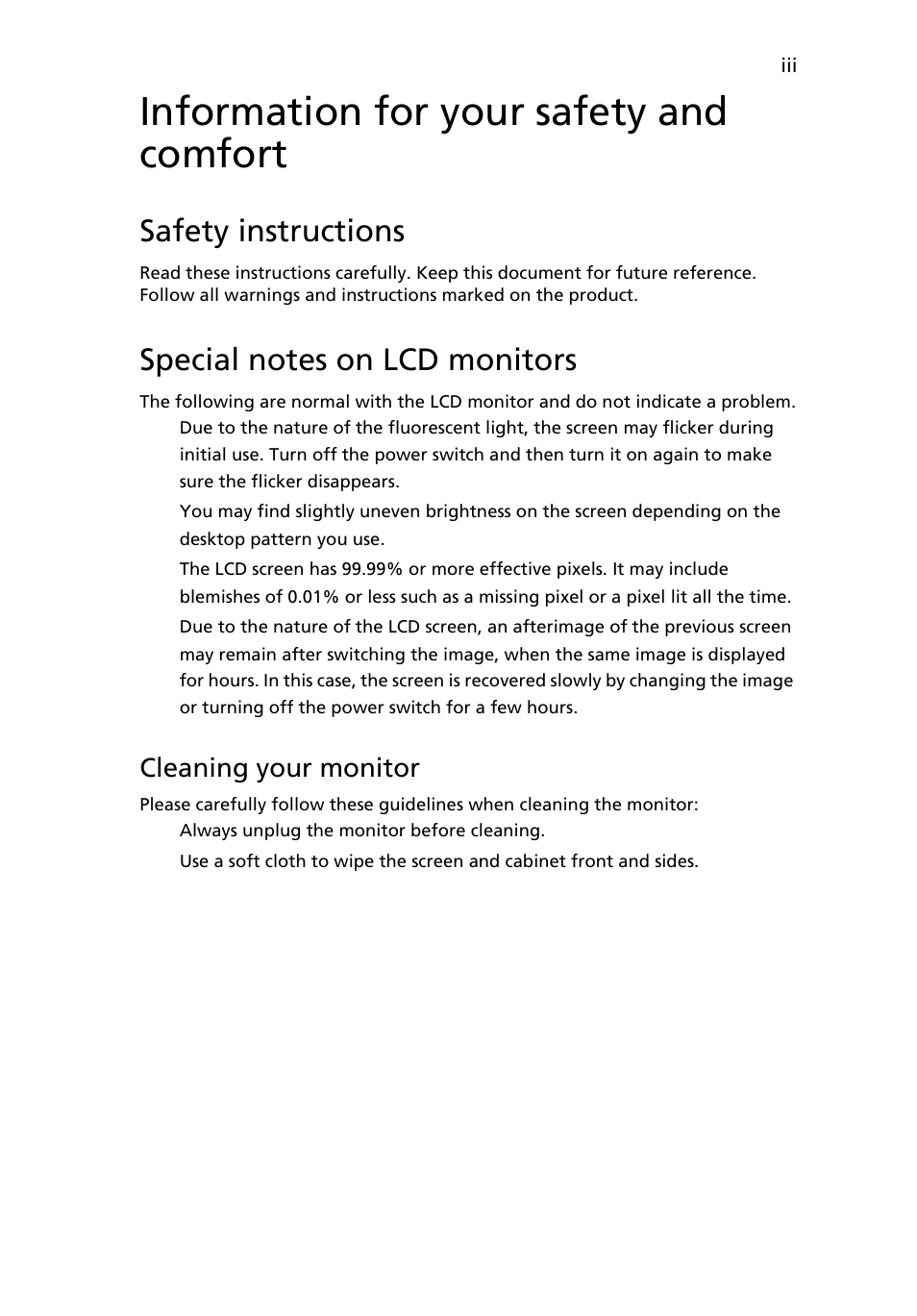 Information for your safety and comfort, Safety instructions, Special notes on lcd monitors | Cleaning your monitor | Acer V225HQL User Manual | Page 3 / 27