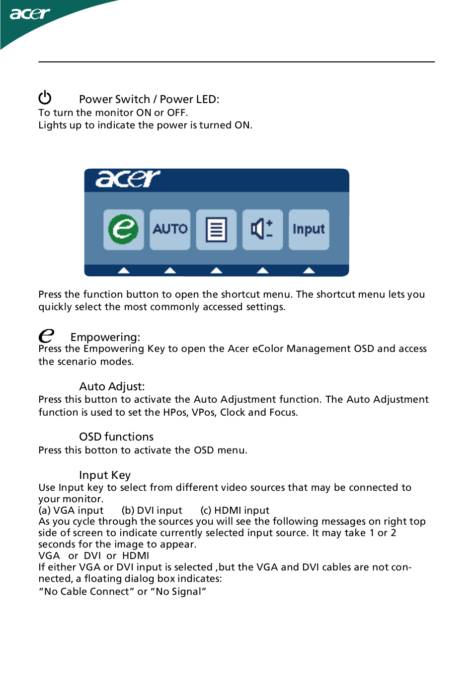 User controls, Using the shortcut menu | Acer GN245HQ User Manual | Page 14 / 37