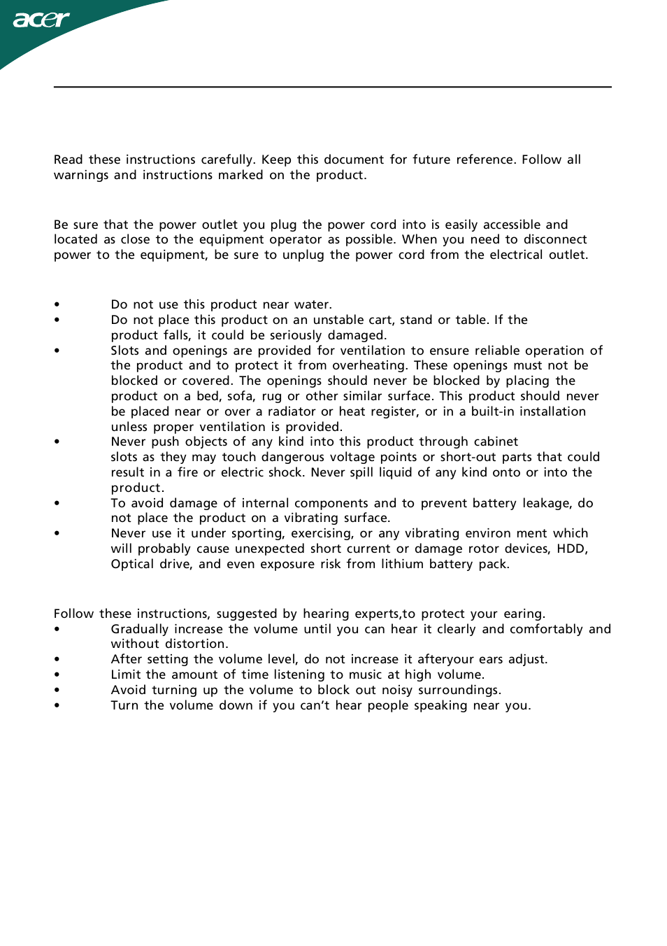 Information for your safety and comfort, En-2, Safety instructions | Caution for accessibility, Warnings, Safe listening | Acer GN245HQ User Manual | Page 3 / 37