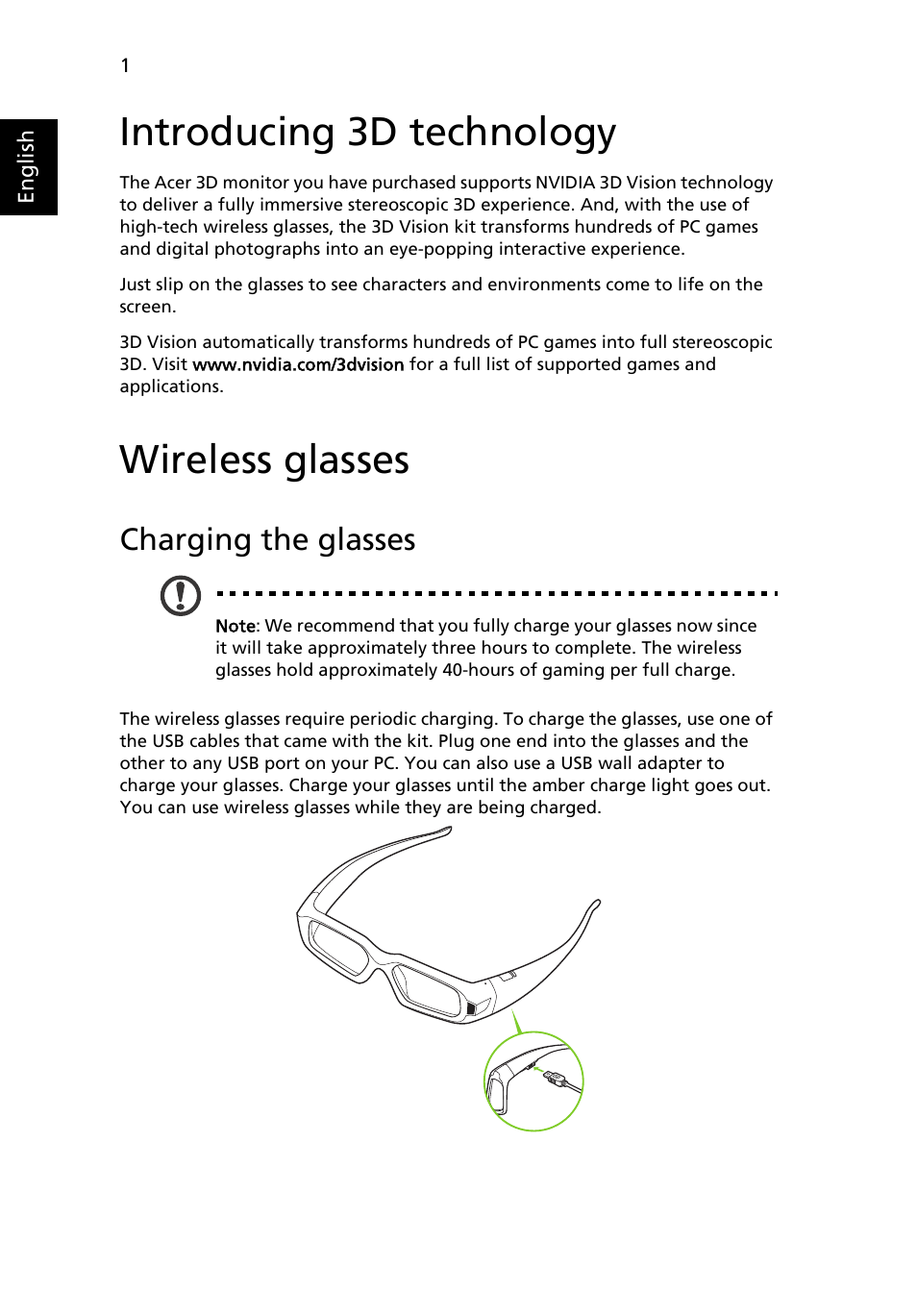 Introducing 3d technology, Wireless glasses, Charging the glasses | Acer GN245HQ User Manual | Page 31 / 37