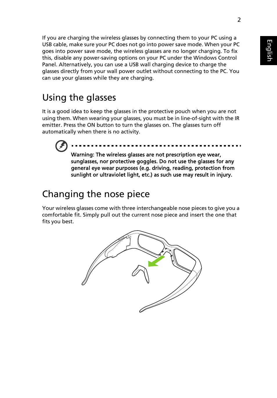 Using the glasses, Changing the nose piece | Acer GN245HQ User Manual | Page 32 / 37