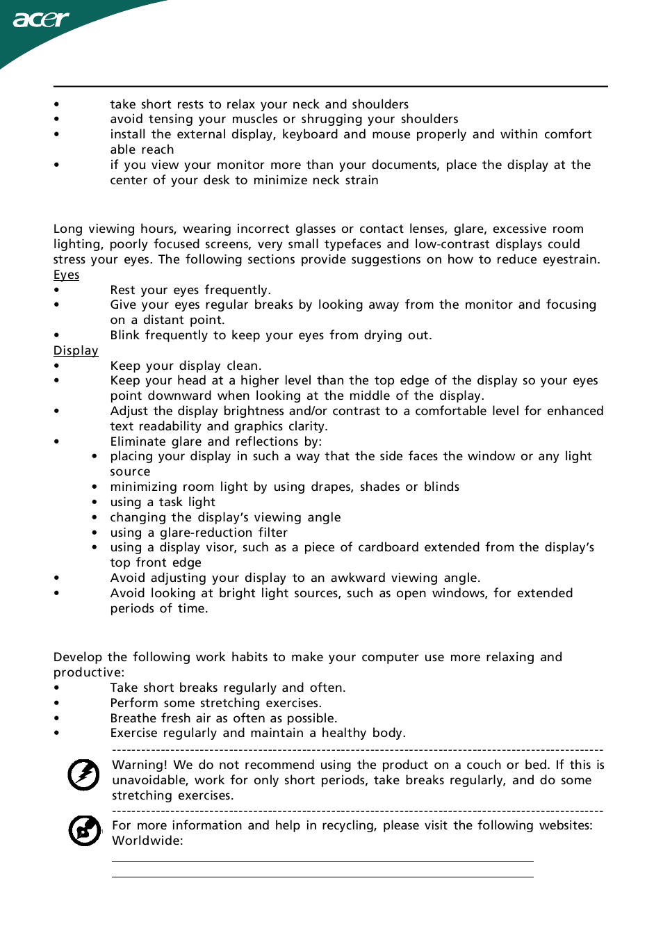 En-4, Taking care of your vision, Developing good work habits | Acer GN245HQ User Manual | Page 5 / 37