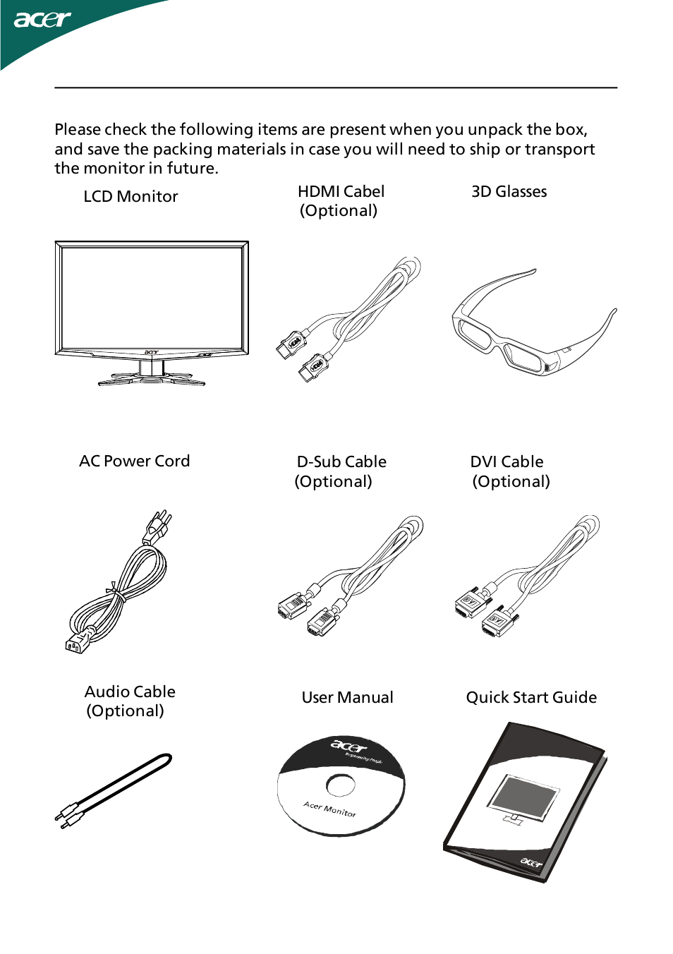 Unpacking | Acer GN245HQ User Manual | Page 6 / 37