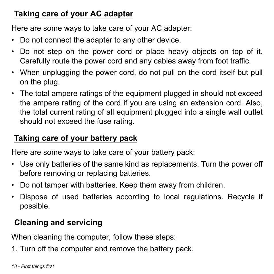 Taking care of your ac adapter, Taking care of your battery pack, Cleaning and servicing | Acer Aspire V5-123 User Manual | Page 18 / 98