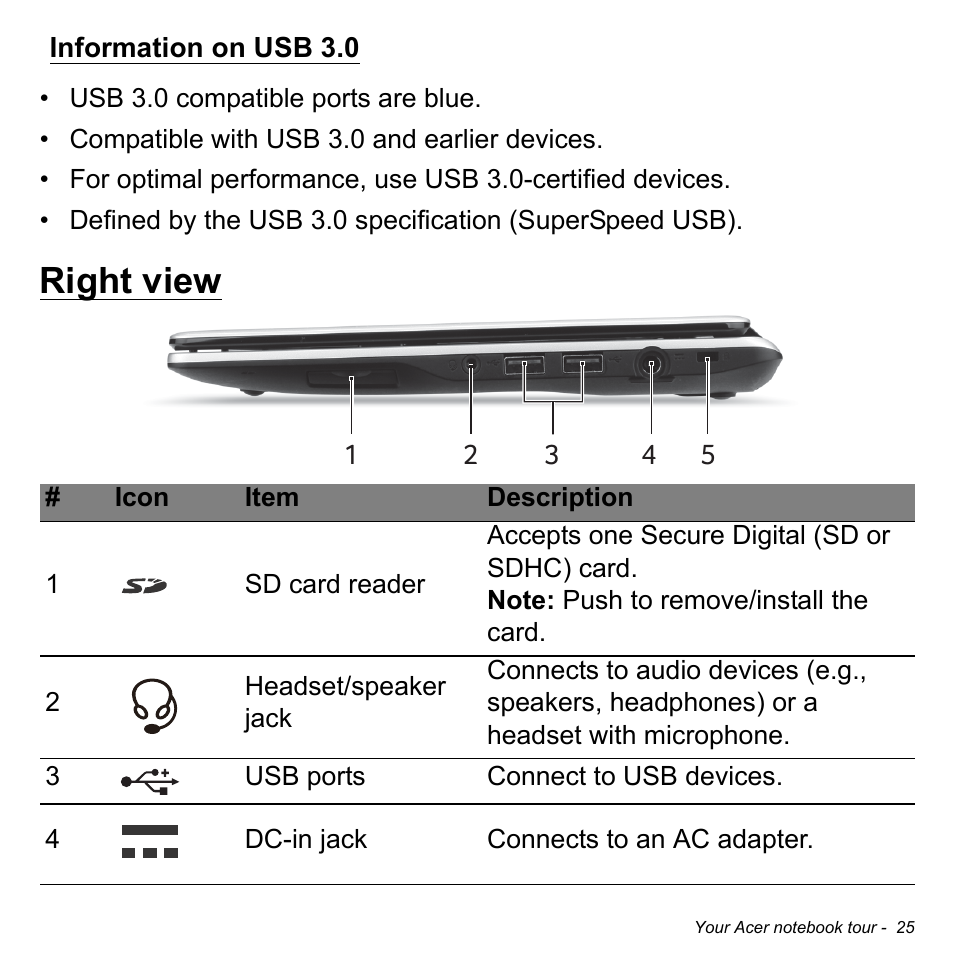 Information on usb 3.0, Right view | Acer Aspire V5-123 User Manual | Page 25 / 98