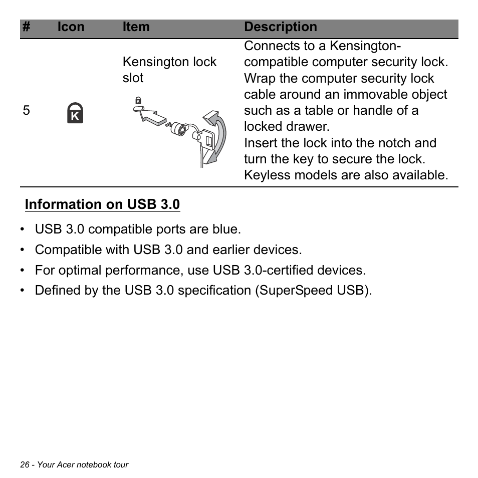 Information on usb 3.0 | Acer Aspire V5-123 User Manual | Page 26 / 98