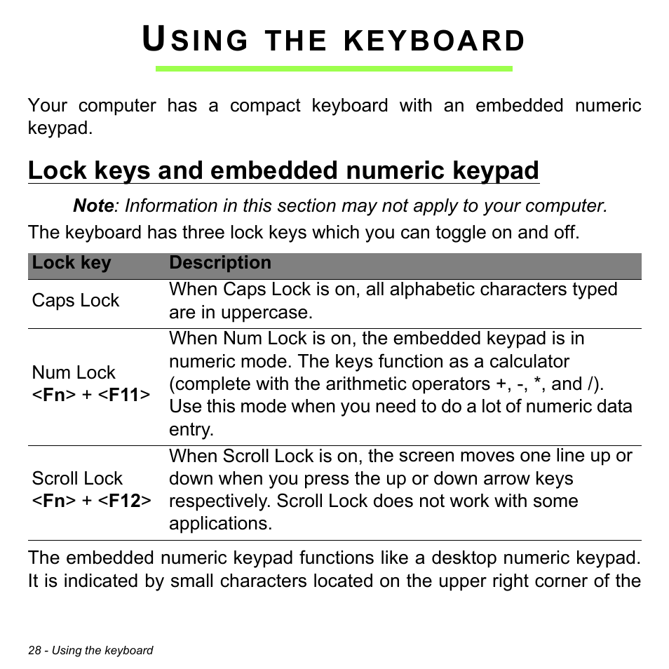 Using the keyboard, Lock keys and embedded numeric keypad, Sing | Keyboard | Acer Aspire V5-123 User Manual | Page 28 / 98