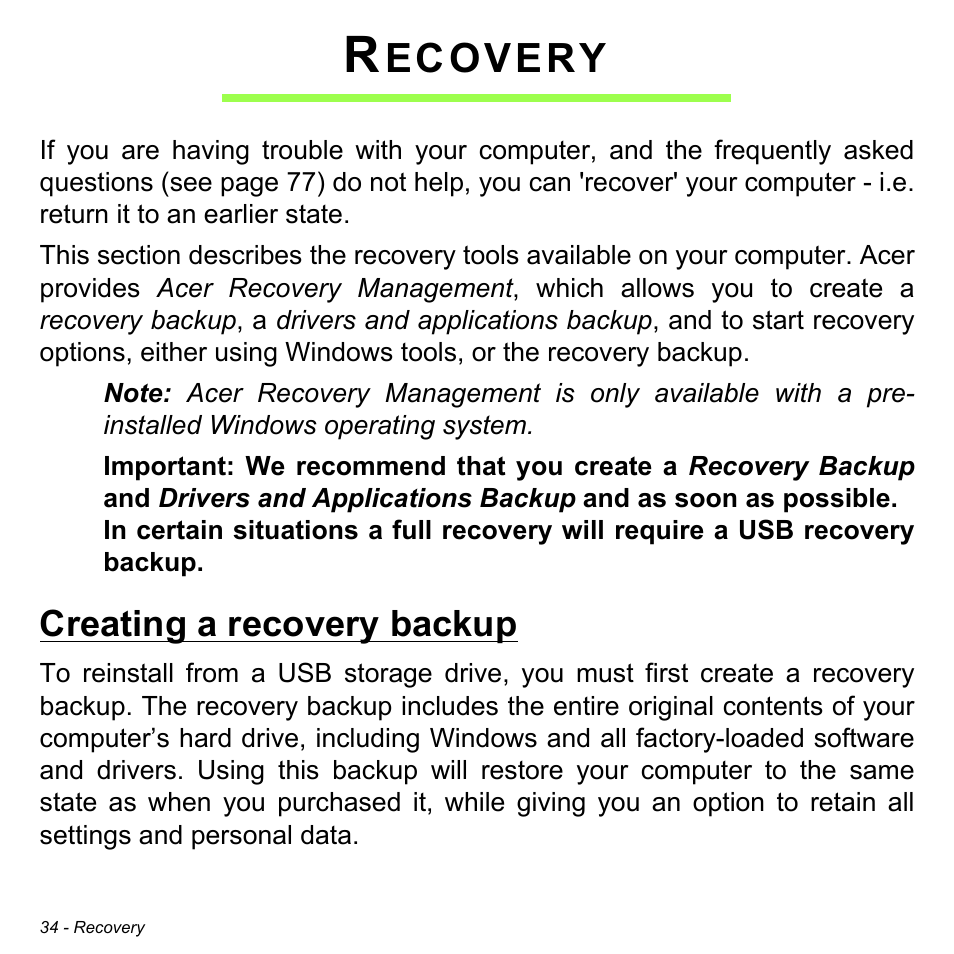 Recovery, Creating a recovery backup, Ecovery | Acer Aspire V5-123 User Manual | Page 34 / 98