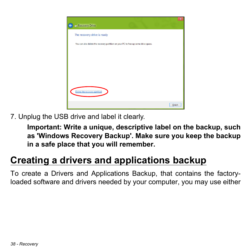 Creating a drivers and applications backup | Acer Aspire V5-123 User Manual | Page 38 / 98