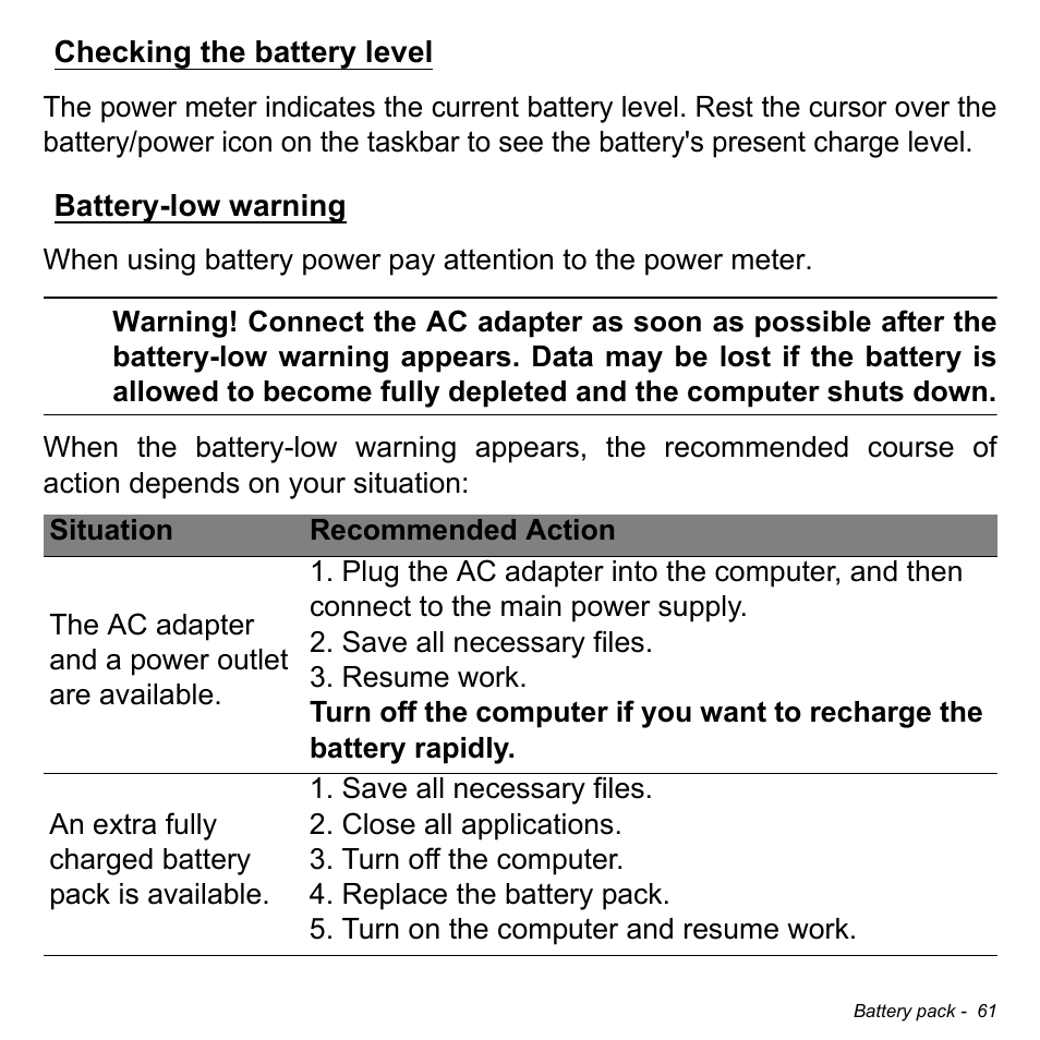 Checking the battery level, Battery-low warning, Checking the battery level battery-low warning | Acer Aspire V5-123 User Manual | Page 61 / 98