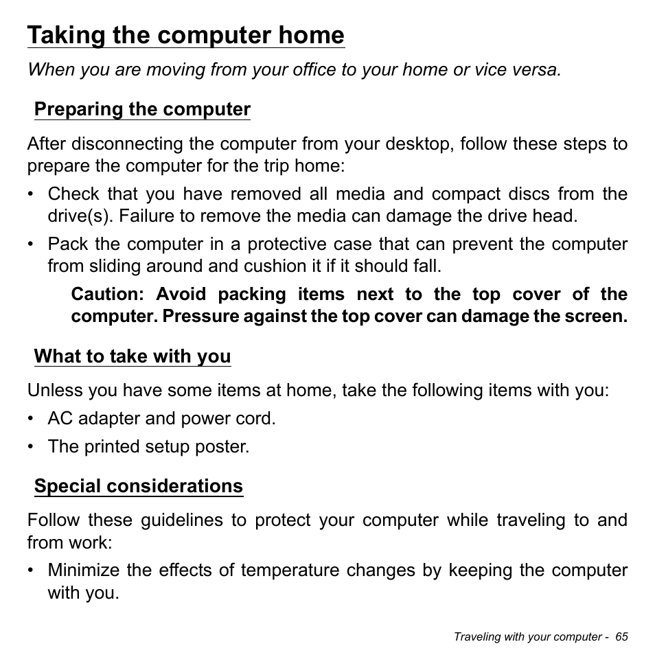 Taking the computer home, Preparing the computer, What to take with you | Special considerations | Acer Aspire V5-123 User Manual | Page 65 / 98