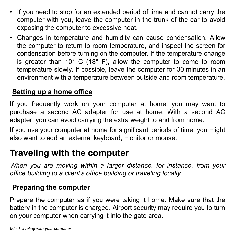 Setting up a home office, Traveling with the computer, Preparing the computer | Acer Aspire V5-123 User Manual | Page 66 / 98