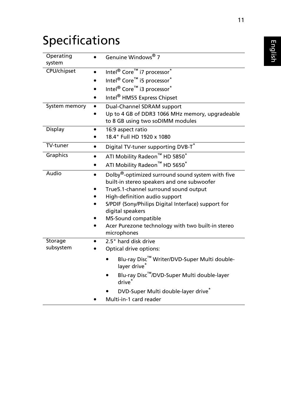 Specifications, Eng lis h | Acer Aspire 8942G User Manual | Page 11 / 21