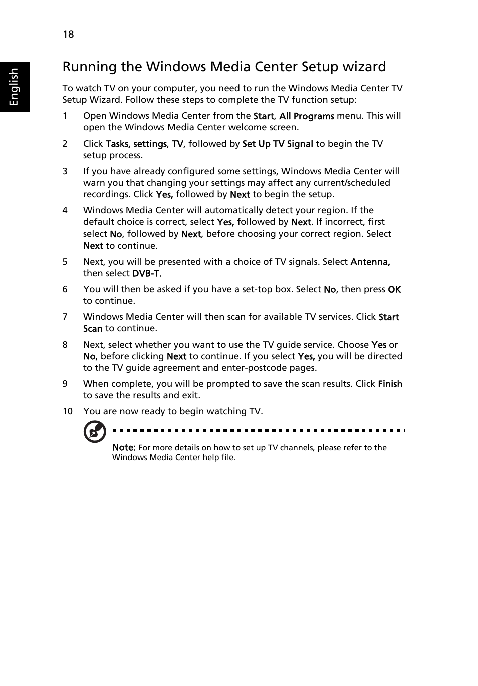 Running the windows media center setup wizard, English | Acer Aspire 8942G User Manual | Page 18 / 21