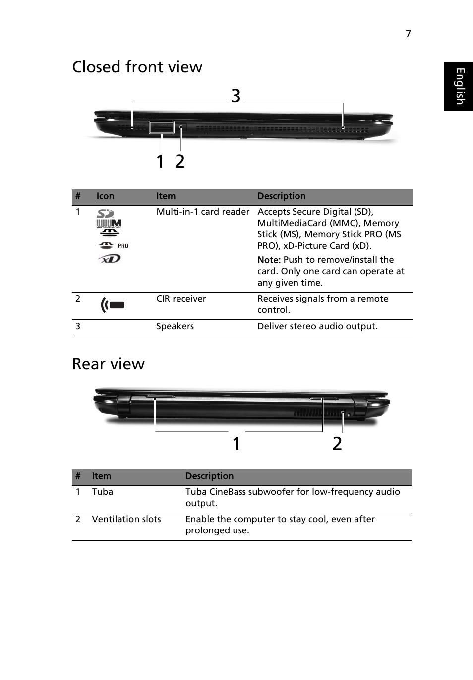 Closed front view, Rear view, Closed front view rear view | Acer Aspire 8942G User Manual | Page 7 / 21
