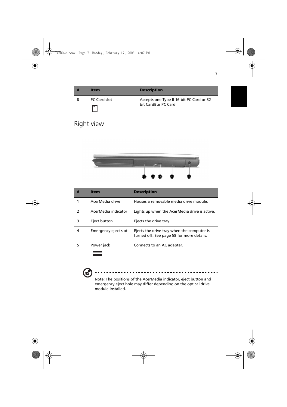 Right view | Acer TravelMate 800 User Manual | Page 15 / 90