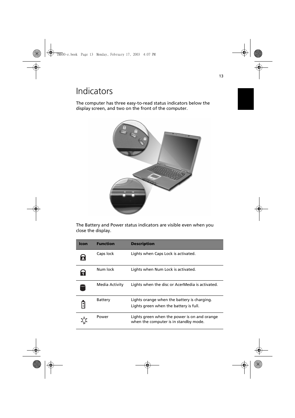 Indicators | Acer TravelMate 800 User Manual | Page 21 / 90