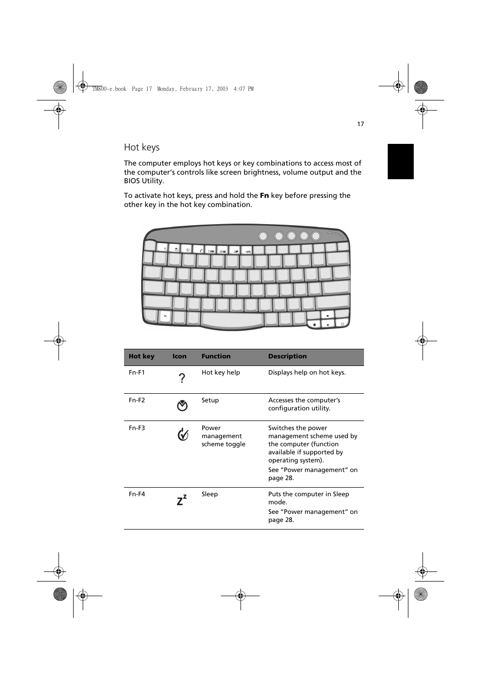 Hot keys | Acer TravelMate 800 User Manual | Page 25 / 90