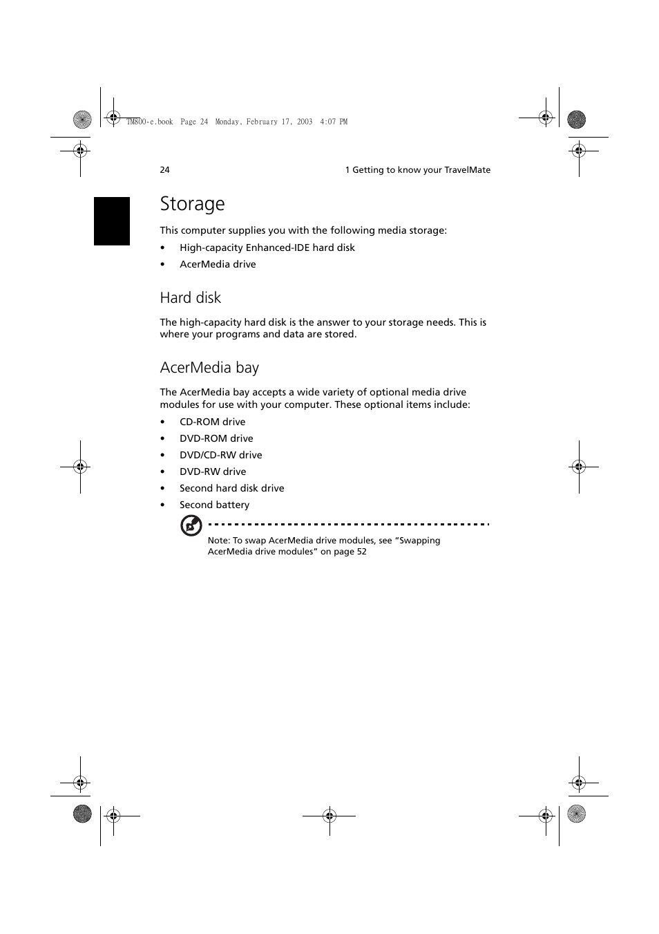 Storage, Hard disk, Acermedia bay | Acer TravelMate 800 User Manual | Page 32 / 90