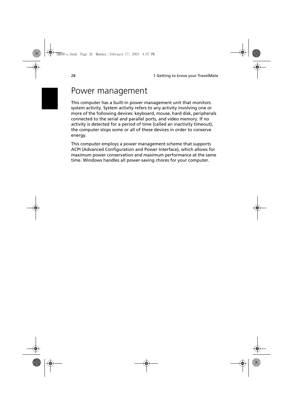 Power management | Acer TravelMate 800 User Manual | Page 36 / 90