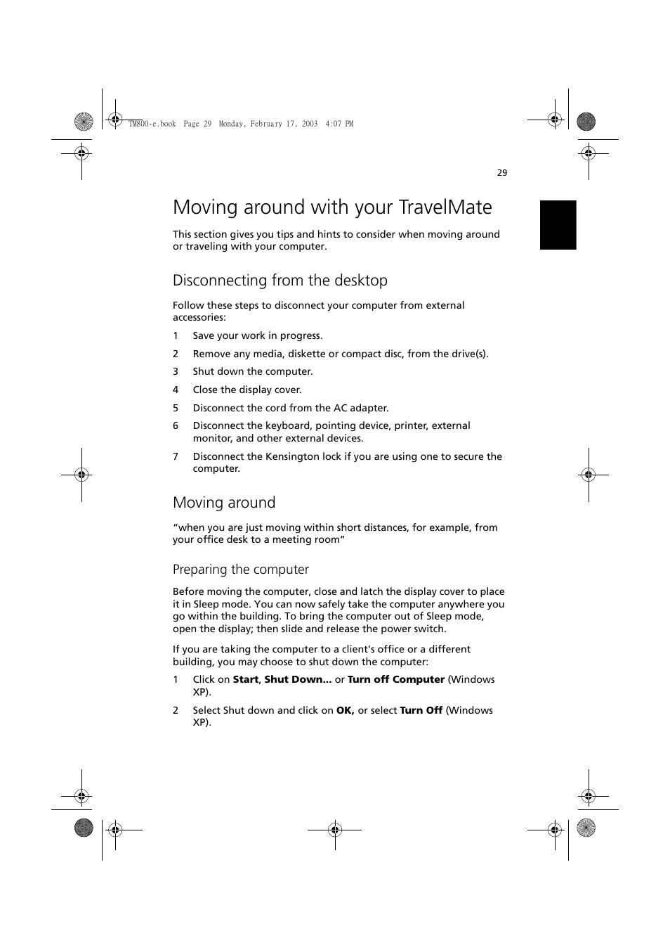 Moving around with your travelmate, Disconnecting from the desktop, Moving around | Preparing the computer | Acer TravelMate 800 User Manual | Page 37 / 90