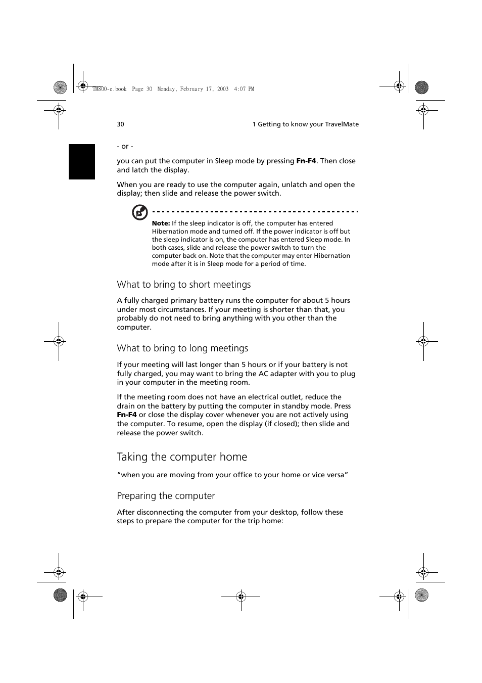 Taking the computer home, What to bring to short meetings, What to bring to long meetings | Preparing the computer | Acer TravelMate 800 User Manual | Page 38 / 90