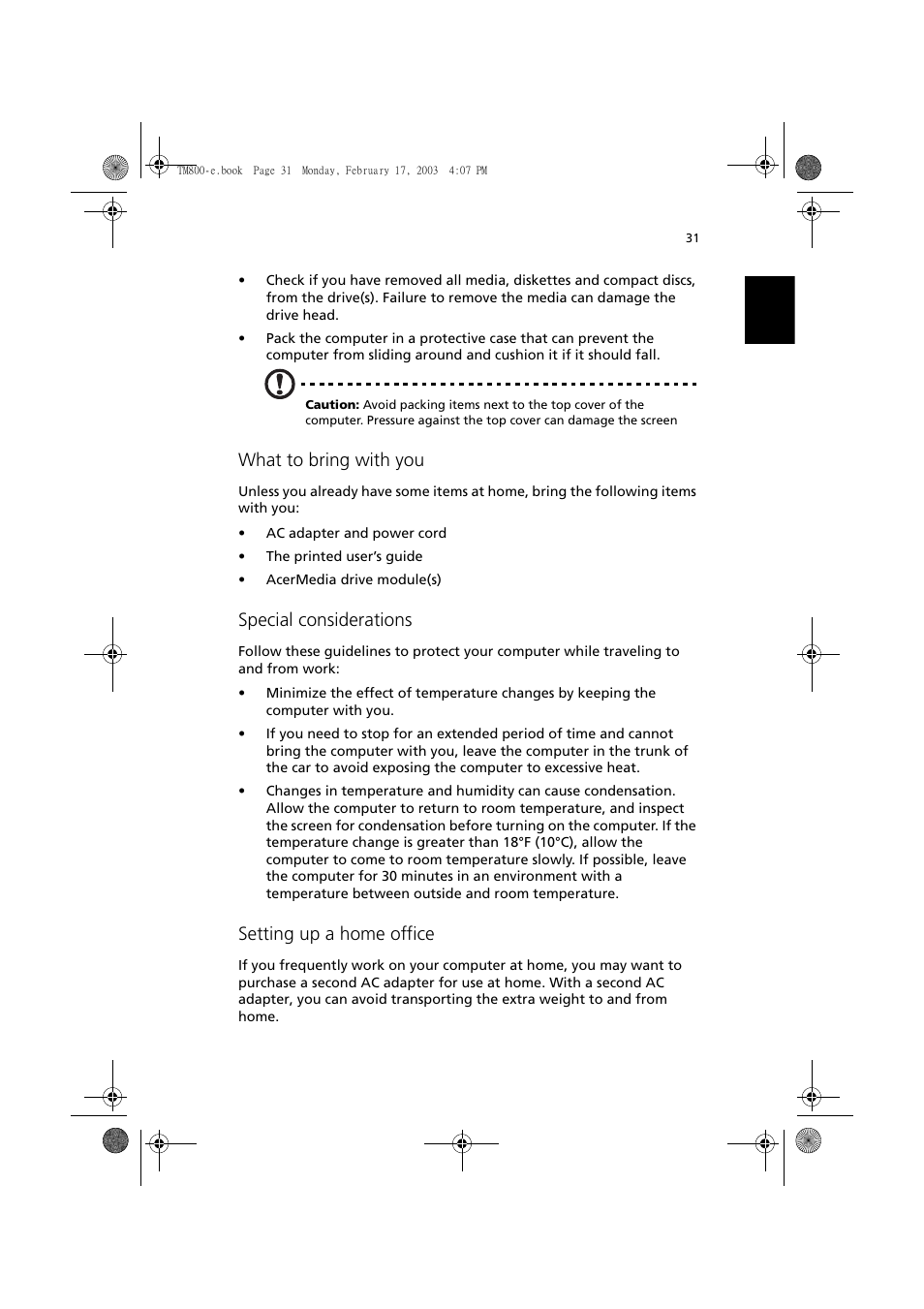 What to bring with you, Special considerations, Setting up a home office | Acer TravelMate 800 User Manual | Page 39 / 90