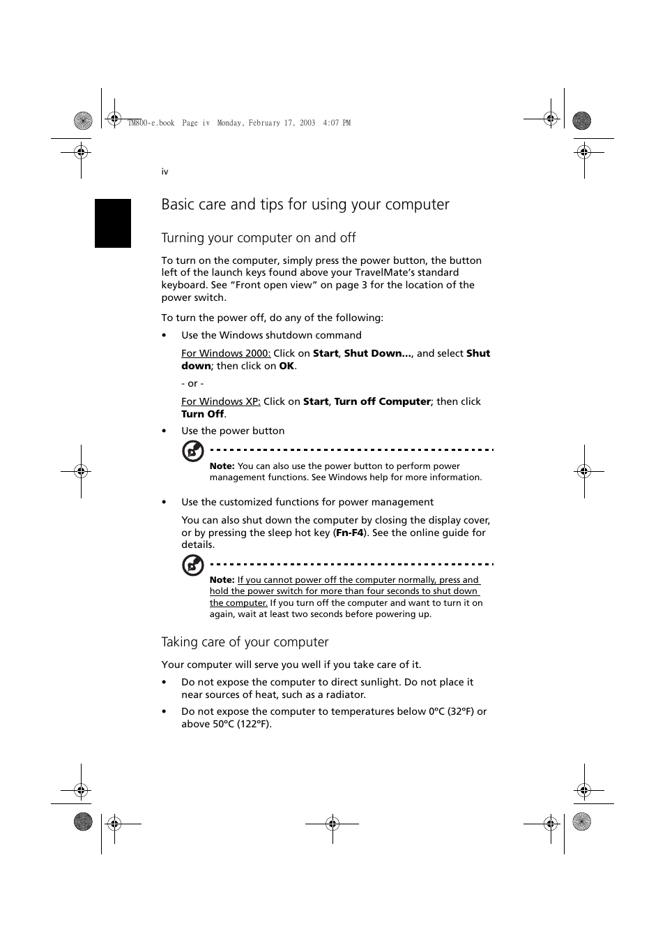 Basic care and tips for using your computer, Turning your computer on and off, Taking care of your computer | Acer TravelMate 800 User Manual | Page 4 / 90