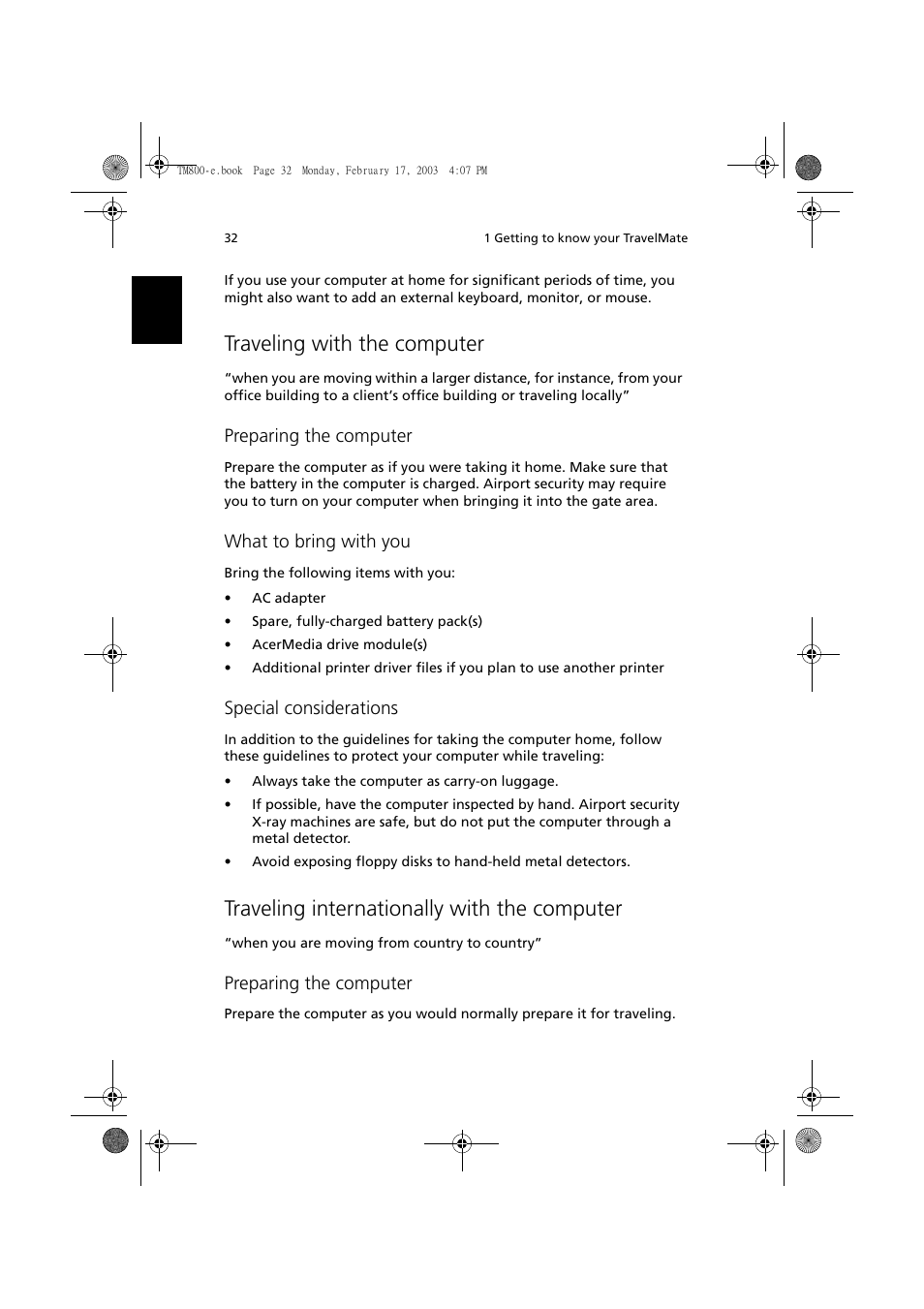 Traveling with the computer, Traveling internationally with the computer, Preparing the computer | What to bring with you, Special considerations | Acer TravelMate 800 User Manual | Page 40 / 90