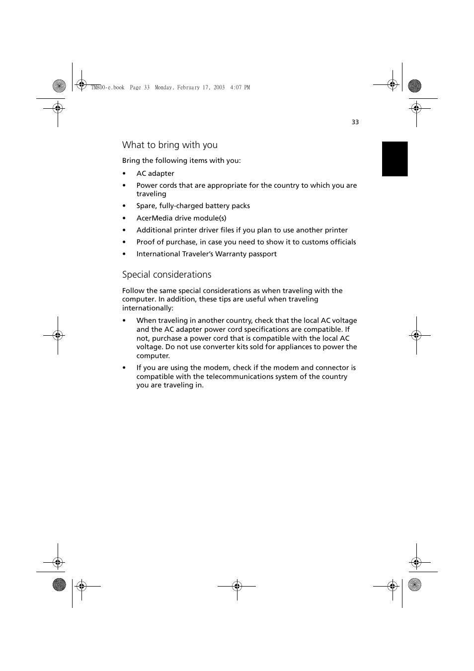 What to bring with you, Special considerations | Acer TravelMate 800 User Manual | Page 41 / 90