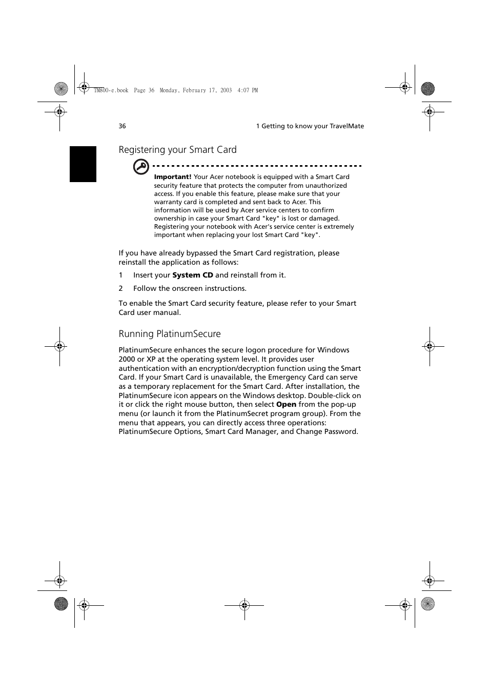 Registering your smart card, Running platinumsecure | Acer TravelMate 800 User Manual | Page 44 / 90