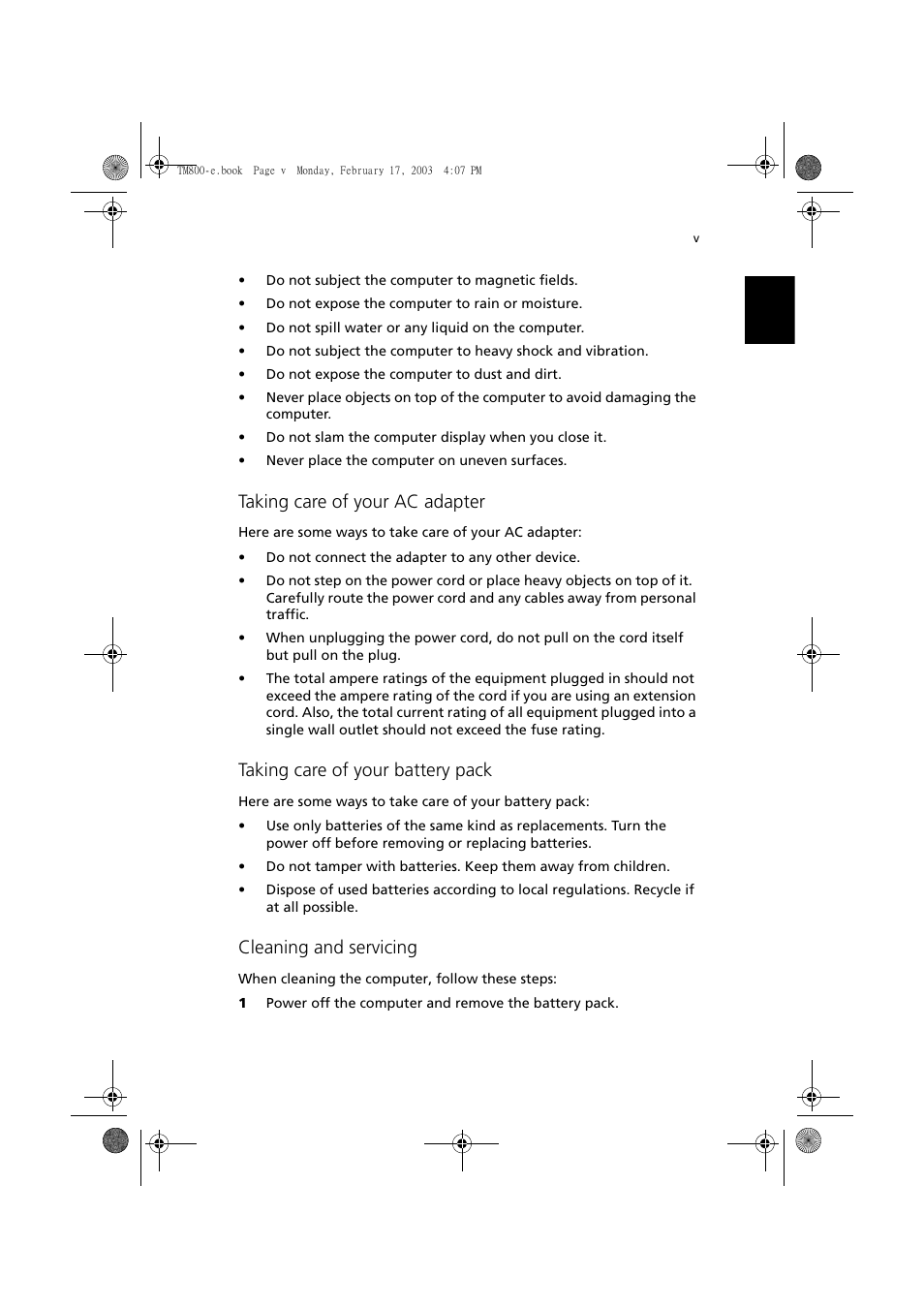 Taking care of your ac adapter, Taking care of your battery pack, Cleaning and servicing | Acer TravelMate 800 User Manual | Page 5 / 90